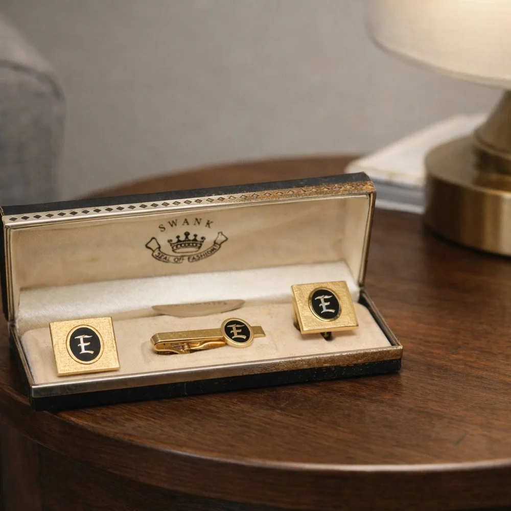 Vintage Swank Gold Tone Initial “E” Cufflinks & Tie Clip Set With Original Box